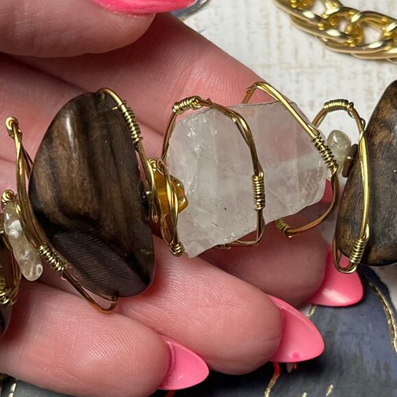 Vintage Gold Chain Brown Wood Bead and Clear Crystal Wire-Wrapped Necklace D1 - Picture 6 of 11